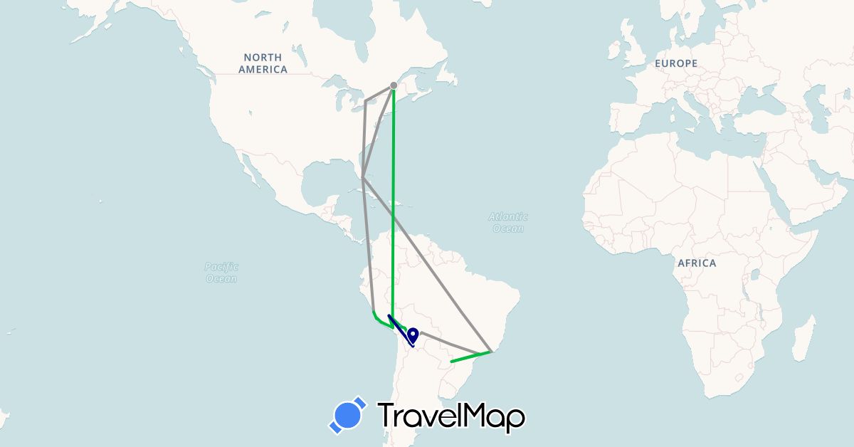 TravelMap itinerary: driving, bus, plane, train, hiking, boat in Bolivia, Brazil, Canada, Peru, United States (North America, South America)